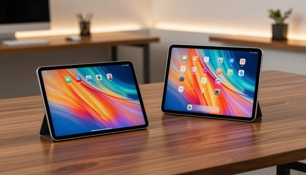 A high-quality, side-by-side comparison of an Android tablet and an iPad, displayed prominently on a sleek wooden desk. The foreground features the two devices, with the Android tablet on the left and the iPad on the right, both showing vibrant and detailed screens displaying colorful, high-definition images. The middle ground showcases an elegant, modern workspace with soft ambient lighting, emphasizing the technology's sleek designs. The background includes a blurred office setting with minimalistic decor, contributing to a professional atmosphere. Use a slightly elevated angle to capture the full displays of both devices. The scene conveys a sense of tech sophistication and clarity, making it ideal for a comparative analysis of display technology and quality.