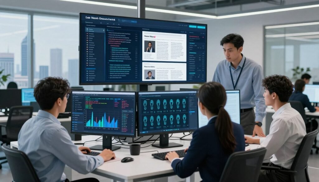 A sleek, modern workspace filled with technology tools for detecting AI-generated content. In the foreground, a diverse group of three professionals—two men and one woman—analyzing data on large screens displaying graphs and digital footprints of text. They are dressed in smart business attire, showcasing focus and collaboration. The middle layer features a high-tech interface with intricate algorithms and fake news articles highlighted. In the background, a futuristic city skyline hints at a digital landscape filled with information. The lighting is bright and clean, emphasizing clarity and focus. The atmosphere is one of determination and innovation, capturing the urgency of distinguishing real from AI-generated information. A sleek, modern workspace filled with technology tools for detecting AI-generated content. In the foreground, a diverse group of three professionals—two men and one woman—analyzing data on large screens displaying graphs and digital footprints of text. They are dressed in smart business attire, showcasing focus and collaboration. The middle layer features a high-tech interface with intricate algorithms and fake news articles highlighted. In the background, a futuristic city skyline hints at a digital landscape filled with information. The lighting is bright and clean, emphasizing clarity and focus. The atmosphere is one of determination and innovation, capturing the urgency of distinguishing real from AI-generated information.