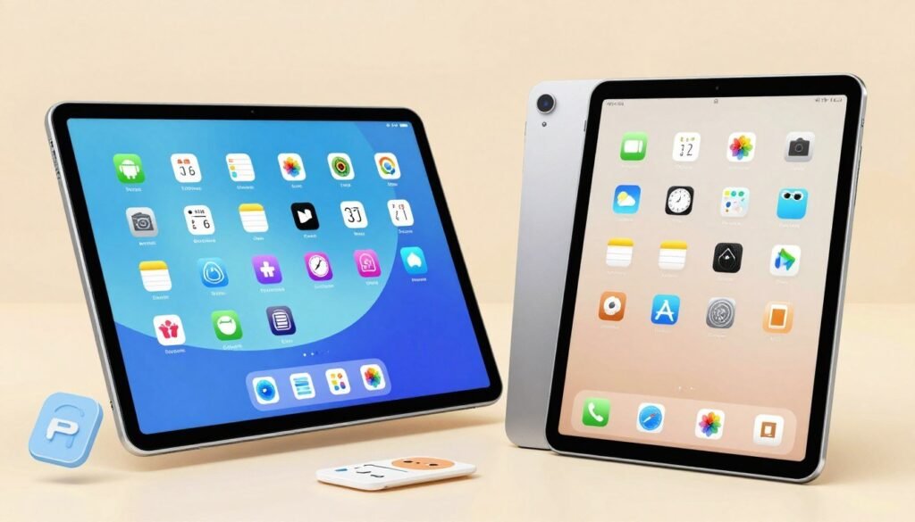 A split-screen design showcasing the operating systems of Android tablets and iPads. On the left, a sleek Android tablet displays its vibrant home screen with app icons showing diverse functionalities, set against a soft blue gradient background evoking a tech-savvy atmosphere. On the right, an elegant iPad features a minimalist home screen filled with organized app icons against a soft beige background, suggesting simplicity and sophistication. In the foreground, there are subtle graphical elements like icons or interface elements floating around, representing user experience and software features. The lighting is warm and inviting, highlighting the details of each device, captured at a slightly elevated angle to provide a dynamic perspective. Overall, the image conveys a sense of innovation, choice, and modern technology.