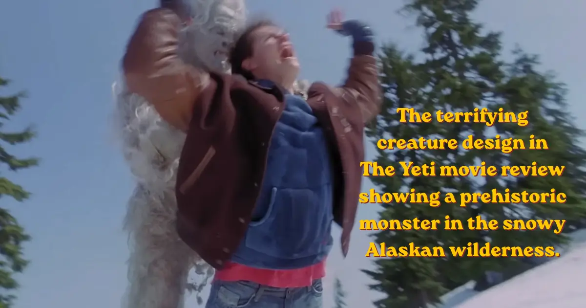 The terrifying creature design in The Yeti movie review showing a prehistoric monster in the snowy Alaskan wilderness.